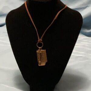 Gold Tone Necklace: Cross, Key, and Ancient Tag on Leather Cord